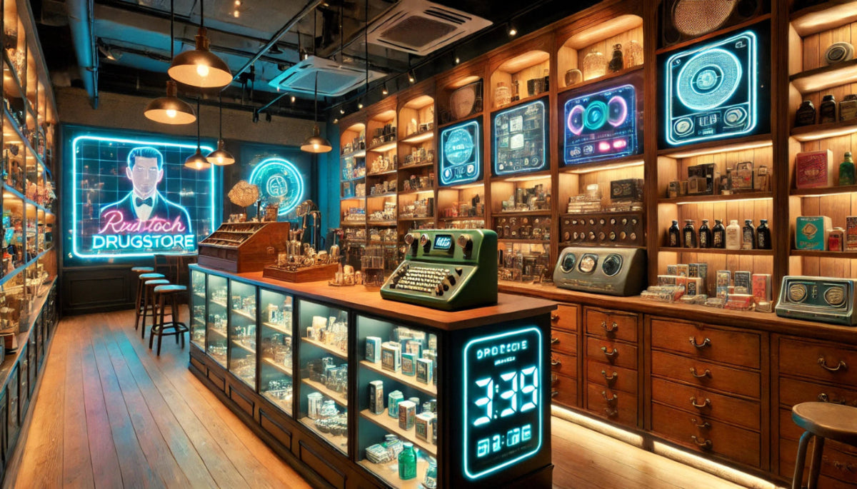 illustration d'une boutique au style vintage style vielle droguerie avec des éléments high-tech aux couleurs flashy.